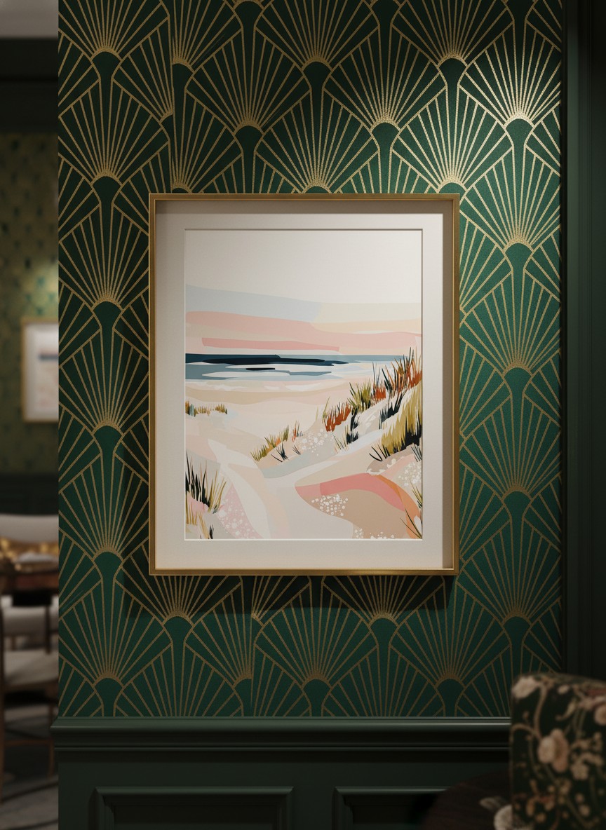 Abstract Coastal Sand Dunes Art art print shown in a art deco geometric setting