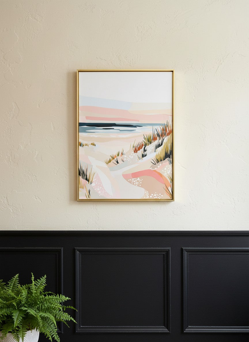 Abstract Coastal Sand Dunes Art art print shown in a black wainscoting gold setting
