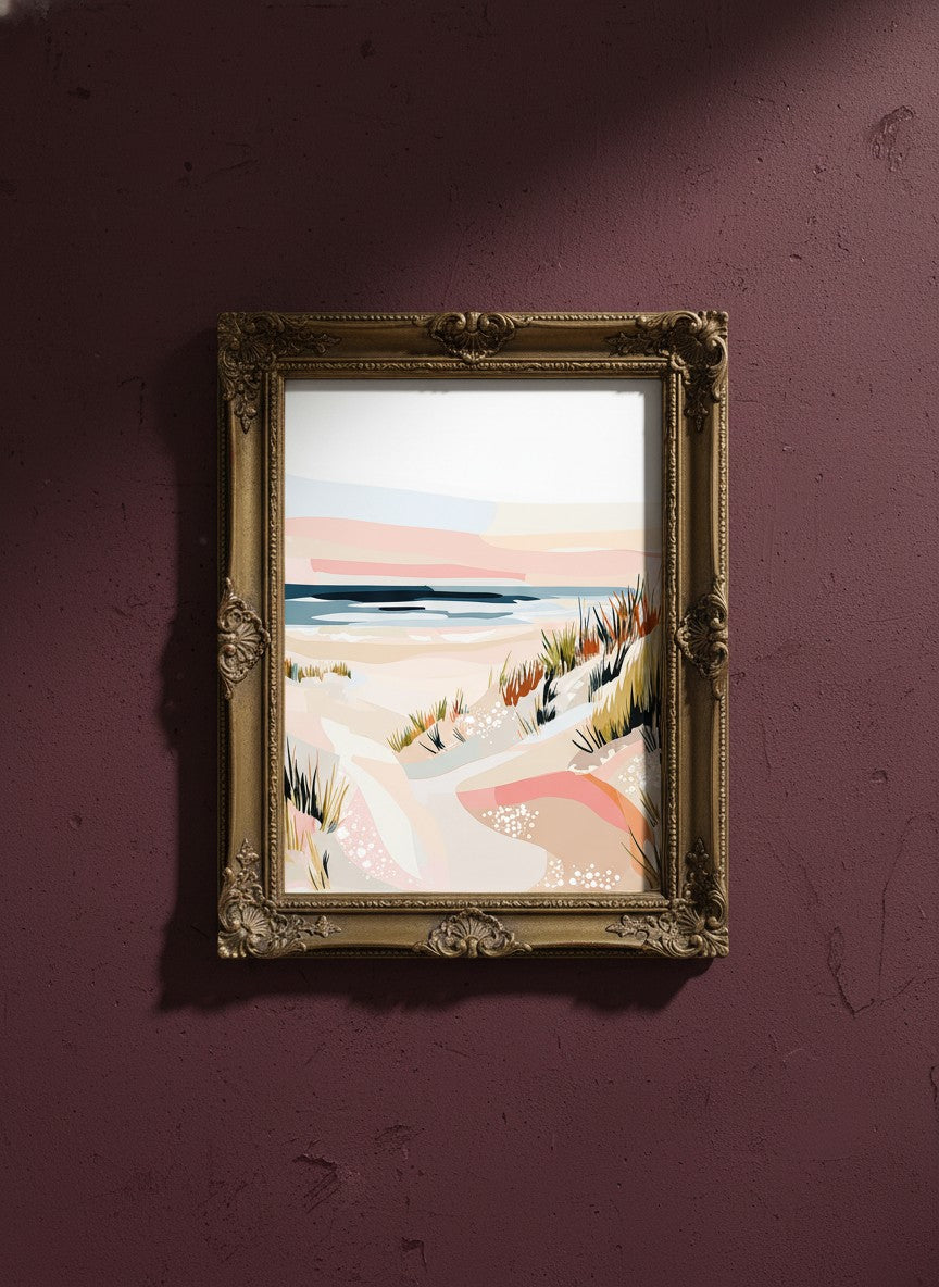 Abstract Coastal Sand Dunes Art art print shown in a burgundy brass setting