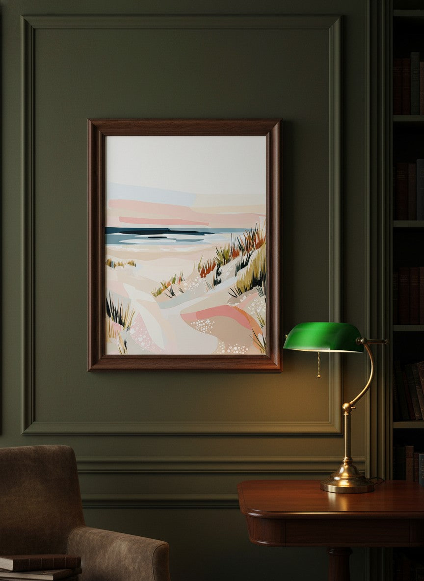 Abstract Coastal Sand Dunes Art art print shown in a dark olive study setting