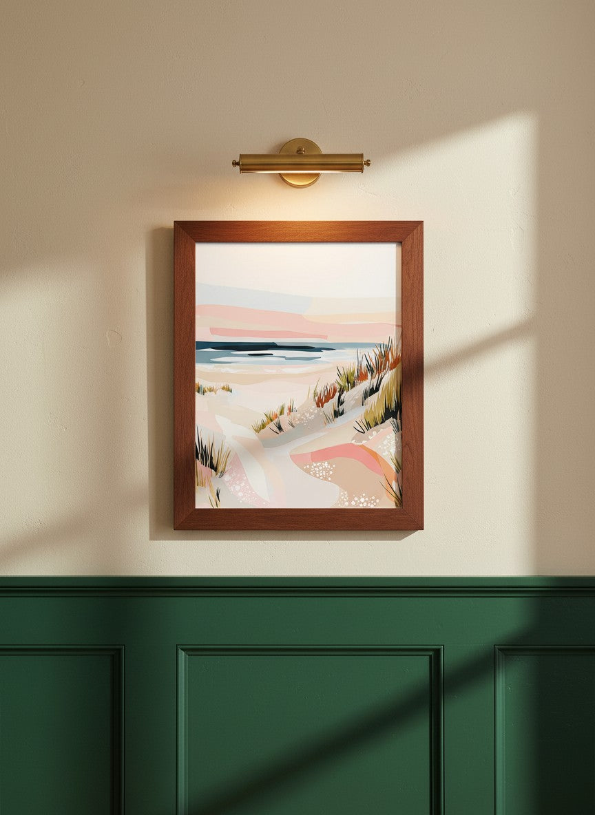 Abstract Coastal Sand Dunes Art art print shown in a forest green walnut setting