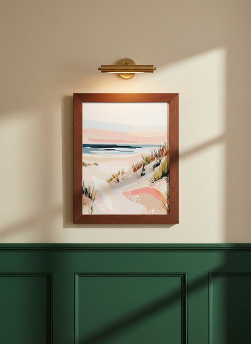 Abstract Coastal Sand Dunes Art art print shown in a forest green walnut setting