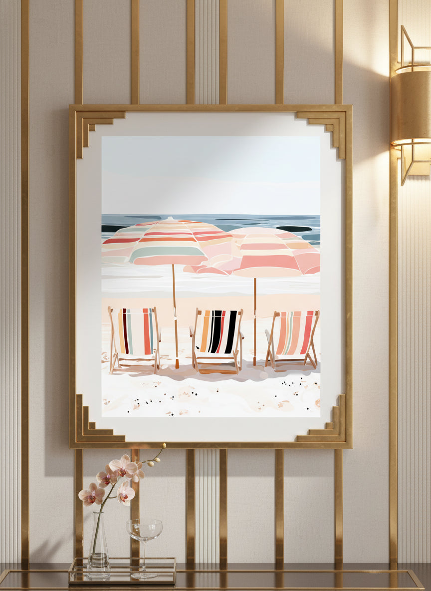 Coastal Beach Chairs Umbrella Art art print shown in a art deco geometric setting