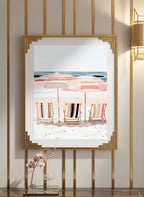 Coastal Beach Chairs Umbrella Art art print shown in a art deco geometric setting