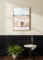 Coastal Beach Chairs Umbrella Art art print shown in a black wainscoting gold setting