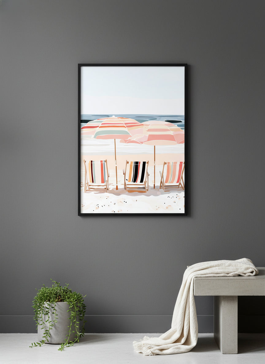 Coastal Beach Chairs Umbrella Art art print shown in a charcoal minimal black setting