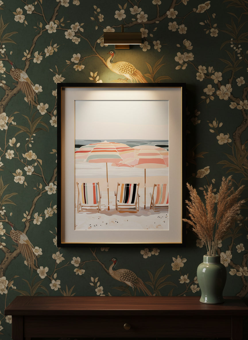 Coastal Beach Chairs Umbrella Art art print shown in a chinoiserie moody setting