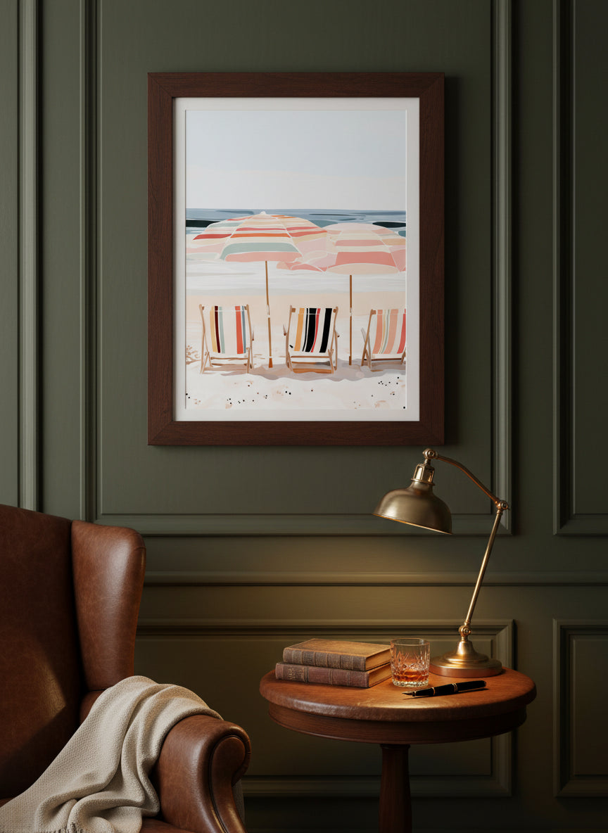 Coastal Beach Chairs Umbrella Art art print shown in a dark olive study setting