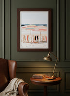 Coastal Beach Chairs Umbrella Art art print shown in a dark olive study setting
