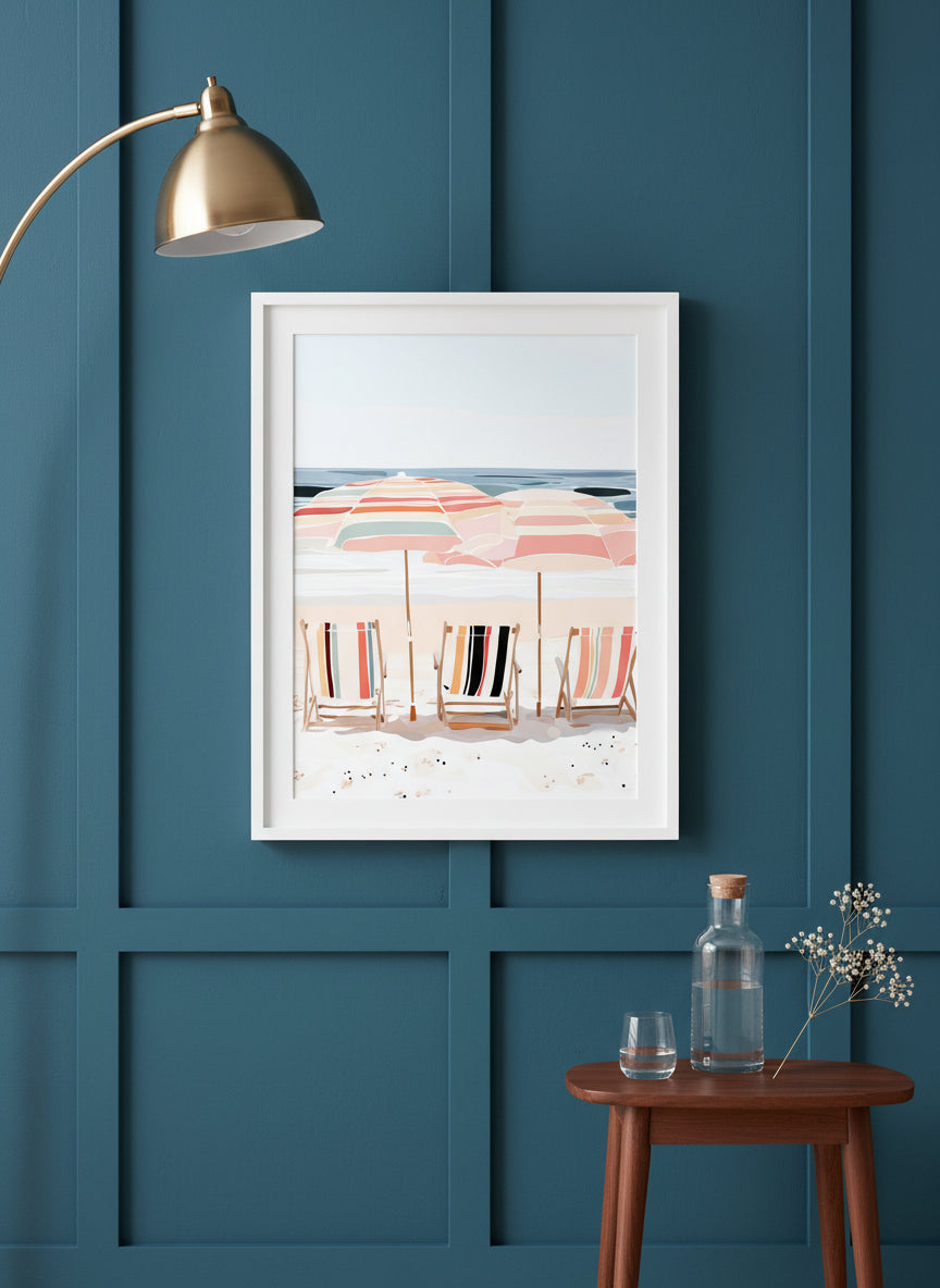 Coastal Beach Chairs Umbrella Art art print shown in a deep teal modern setting