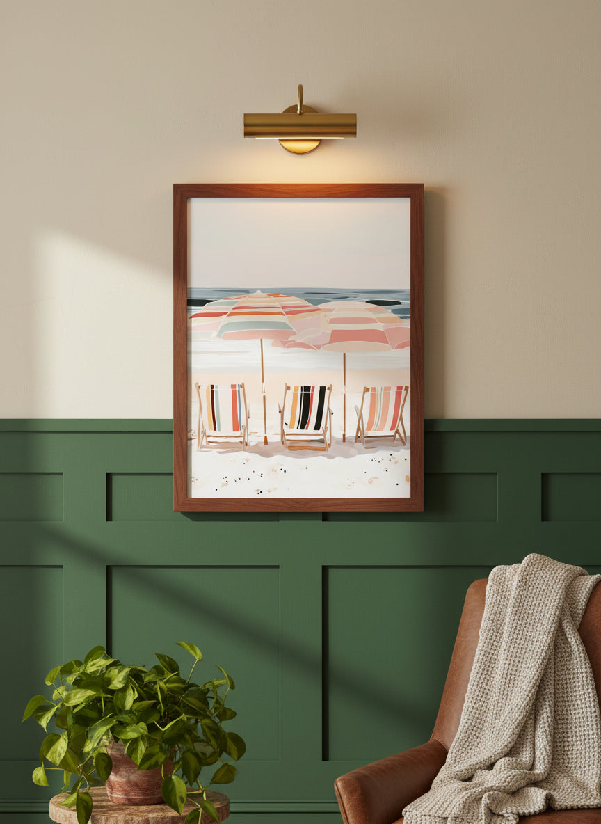 Coastal Beach Chairs Umbrella Art art print shown in a forest green walnut setting
