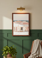 Coastal Beach Chairs Umbrella Art art print shown in a forest green walnut setting