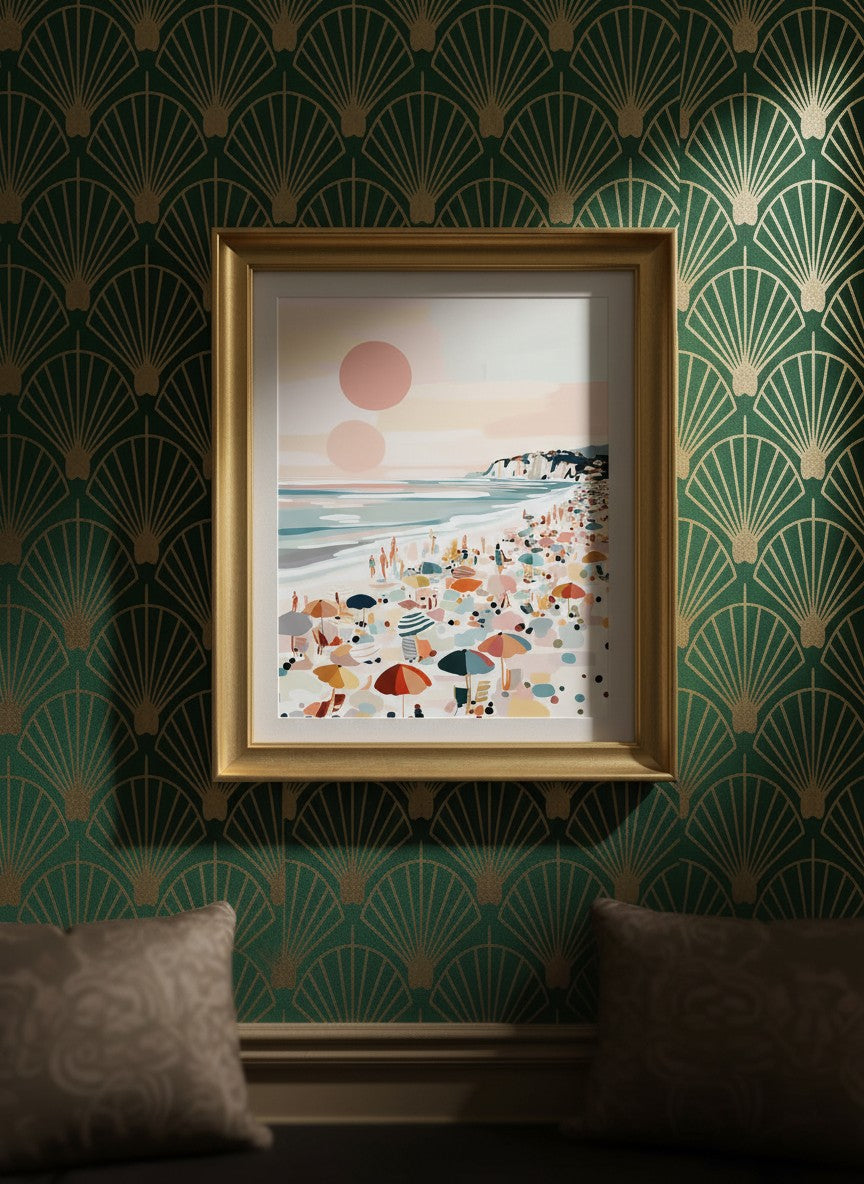 Pastel Beach Crowd Art art print shown in a art deco geometric setting