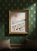 Pastel Beach Crowd Art art print shown in a art deco geometric setting