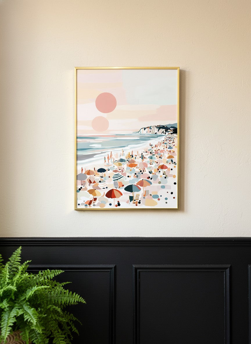 Pastel Beach Crowd Art art print shown in a black wainscoting gold setting