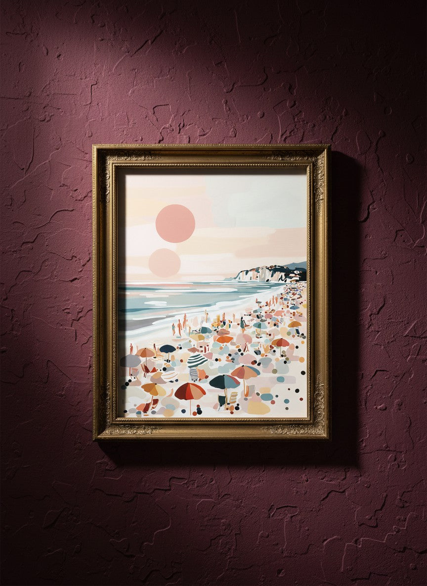 Pastel Beach Crowd Art art print shown in a burgundy brass setting