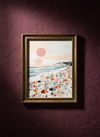 Pastel Beach Crowd Art art print shown in a burgundy brass setting