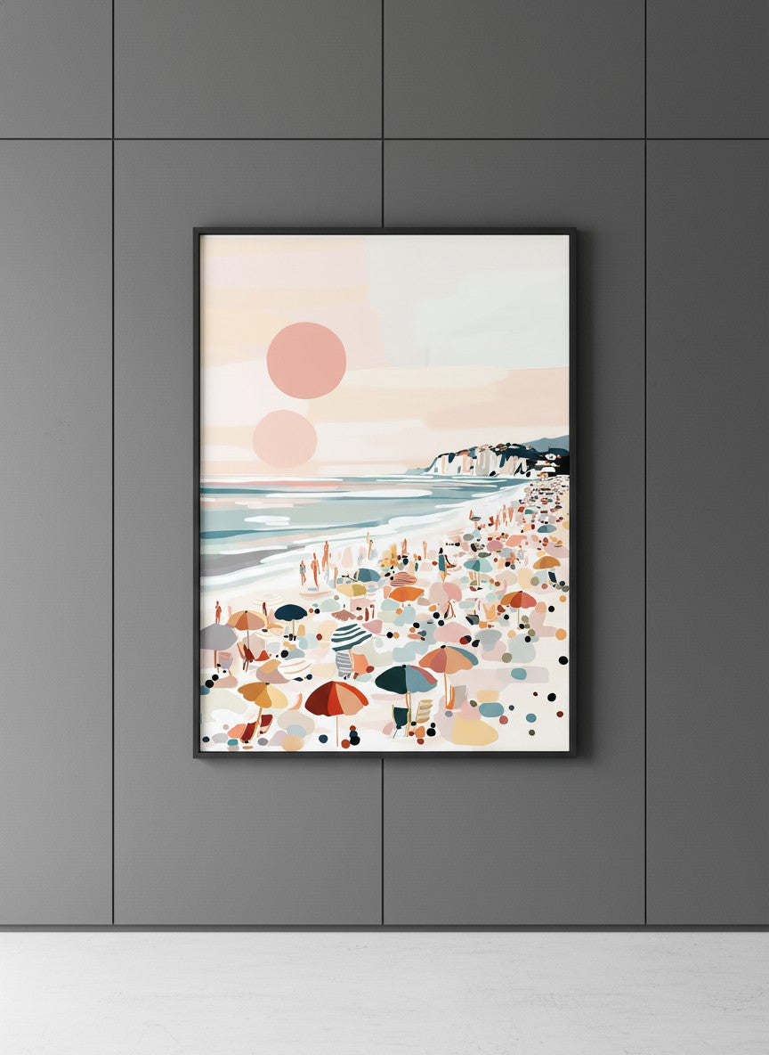 Pastel Beach Crowd Art art print shown in a charcoal minimal black setting
