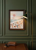 Pastel Beach Crowd Art art print shown in a dark olive study setting