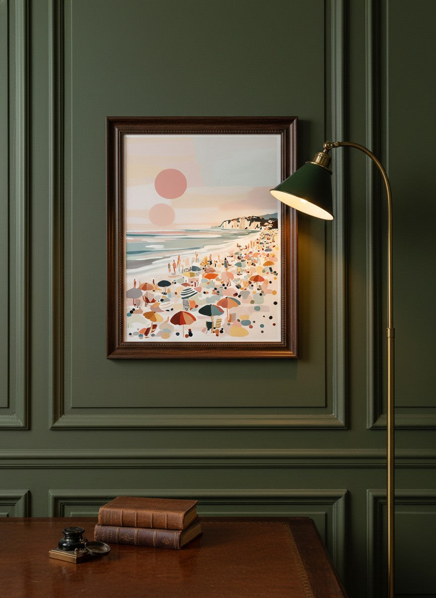 Pastel Beach Crowd Art art print shown in a dark olive study setting