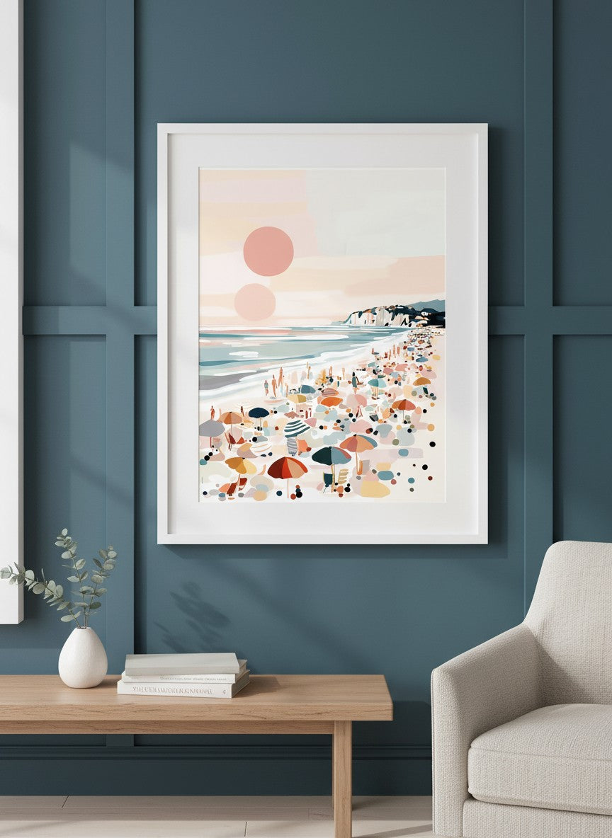 Pastel Beach Crowd Art art print shown in a deep teal modern setting