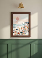 Pastel Beach Crowd Art art print shown in a forest green walnut setting