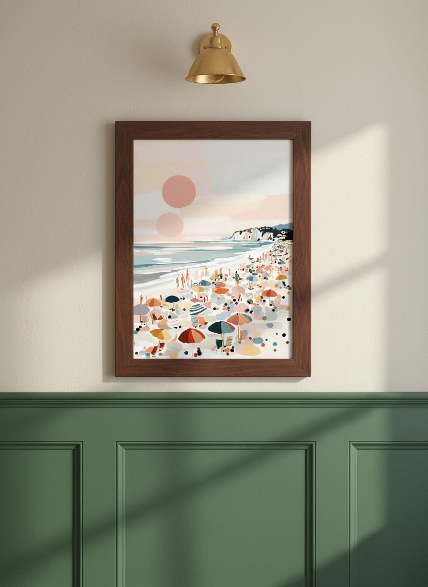 Pastel Beach Crowd Art art print shown in a forest green walnut setting