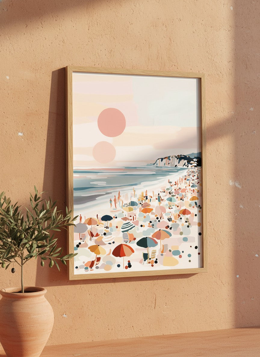 Pastel Beach Crowd Art art print shown in a terracotta rustic setting