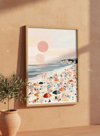 Pastel Beach Crowd Art art print shown in a terracotta rustic setting