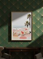 Retro Beach Umbrella Art art print shown in a art deco geometric setting