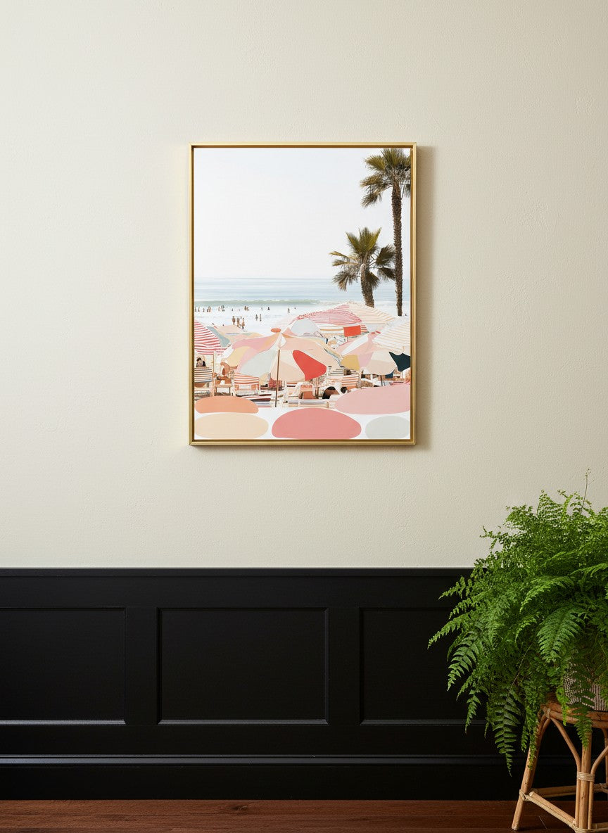 Retro Beach Umbrella Art art print shown in a black wainscoting gold setting