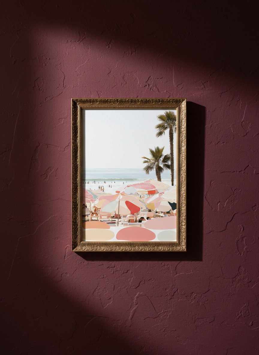 Retro Beach Umbrella Art art print shown in a burgundy brass setting