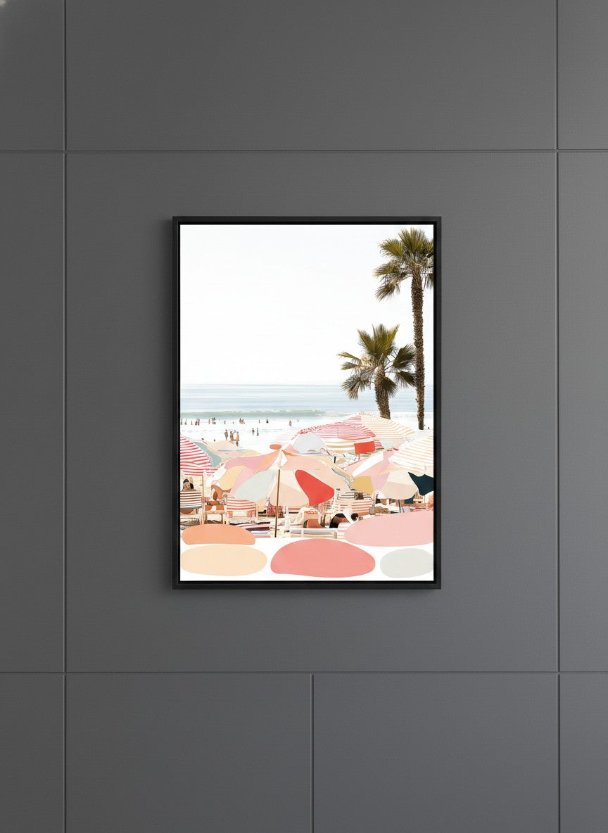 Retro Beach Umbrella Art art print shown in a charcoal minimal black setting