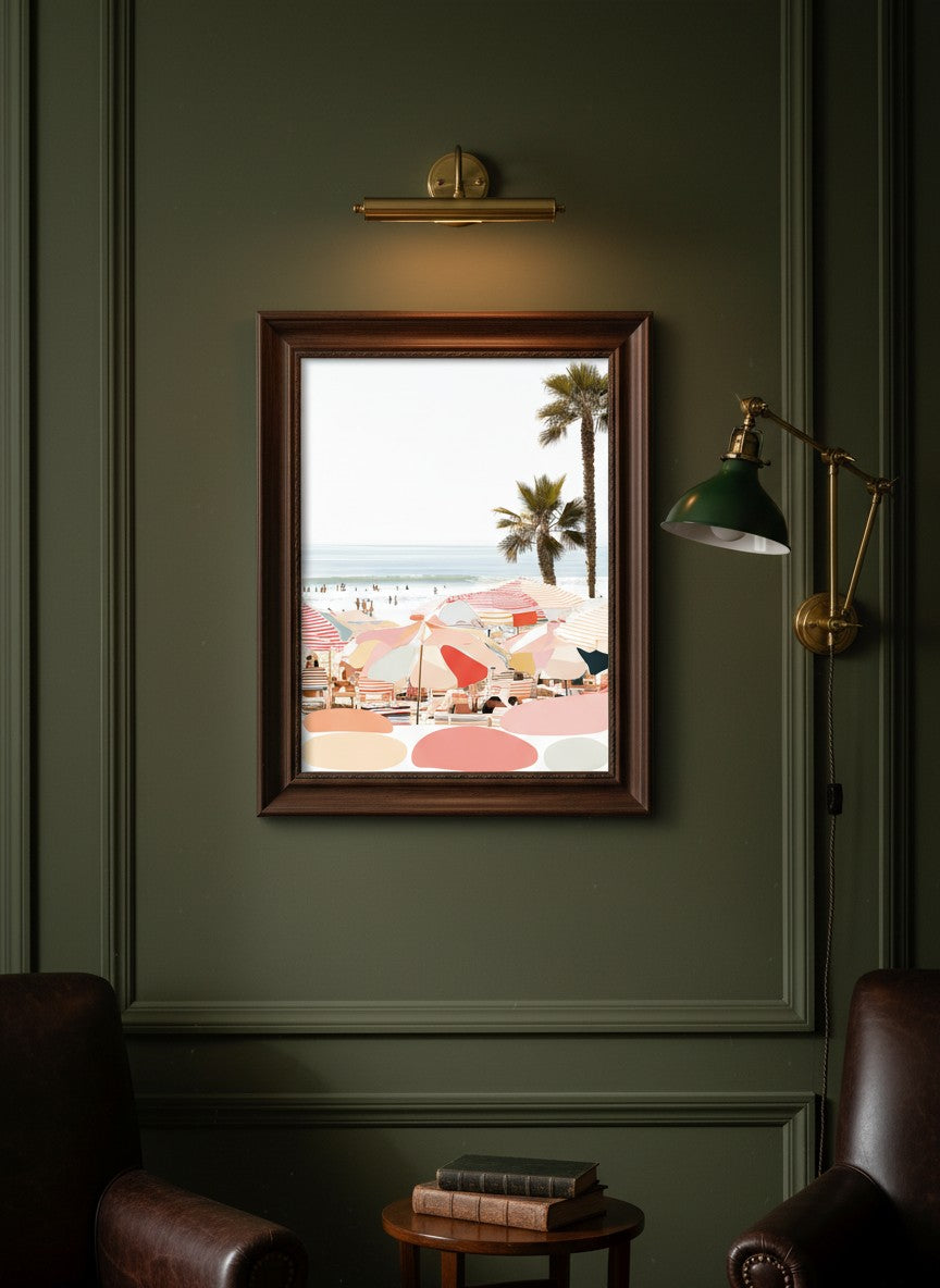 Retro Beach Umbrella Art art print shown in a dark olive study setting