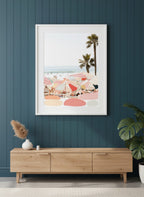 Retro Beach Umbrella Art art print shown in a deep teal modern setting