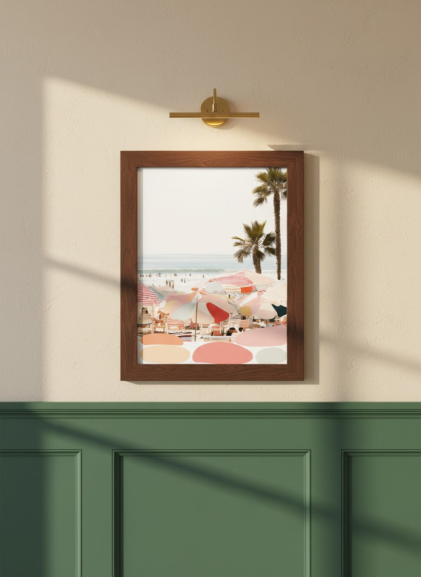 Retro Beach Umbrella Art art print shown in a forest green walnut setting