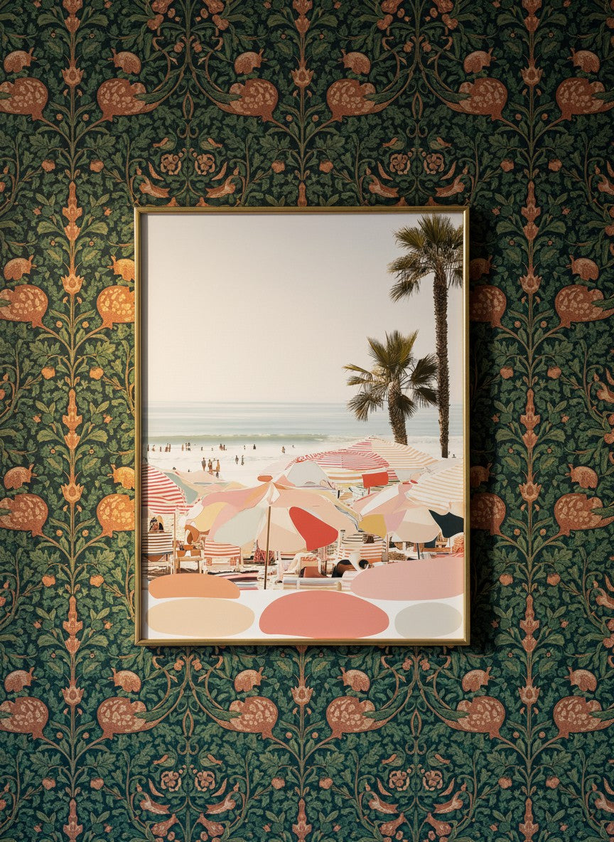 Retro Beach Umbrella Art art print shown in a maximalist floral brass setting
