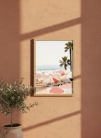 Retro Beach Umbrella Art art print shown in a terracotta rustic setting
