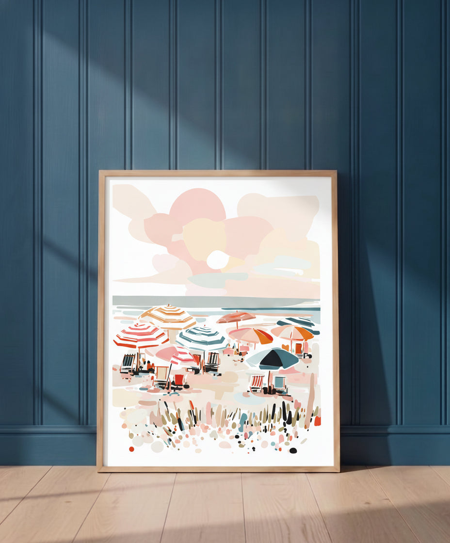 Colorful Beach Umbrella Scene Art art print shown in a blue 1 setting