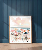 Colorful Beach Umbrella Scene Art art print shown in a blue 1 setting