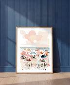 Colorful Beach Umbrella Scene Art art print shown in a blue wall paneled setting