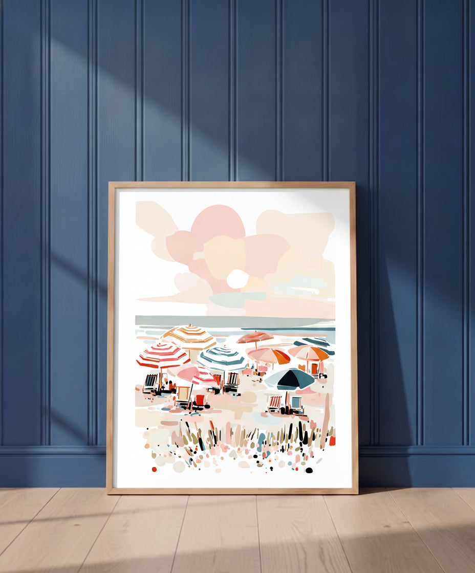 Colorful Beach Umbrella Scene Art art print shown in a blue wall paneled setting