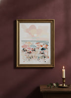 Colorful Beach Umbrella Scene Art art print shown in a burgundy brass setting