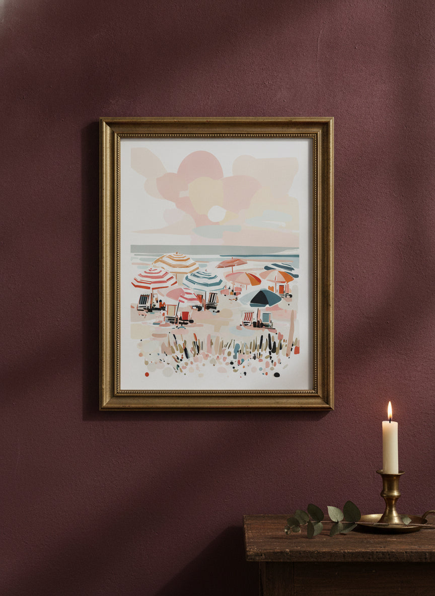 Colorful Beach Umbrella Scene Art art print shown in a burgundy brass setting