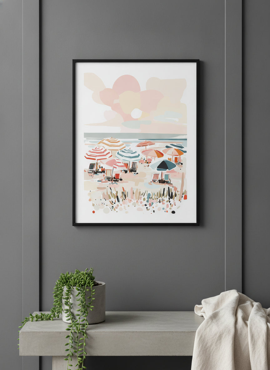 Colorful Beach Umbrella Scene Art art print shown in a charcoal minimal black setting