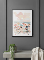 Colorful Beach Umbrella Scene Art art print shown in a charcoal minimal black setting