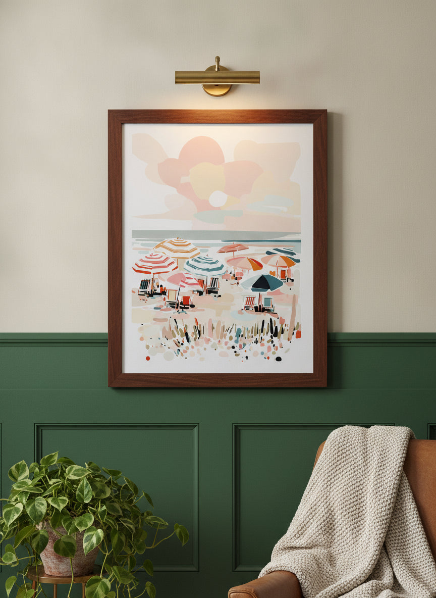 Colorful Beach Umbrella Scene Art art print shown in a forest green walnut setting