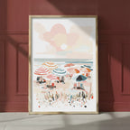 Colorful Beach Umbrella Scene Art art print shown in a red setting