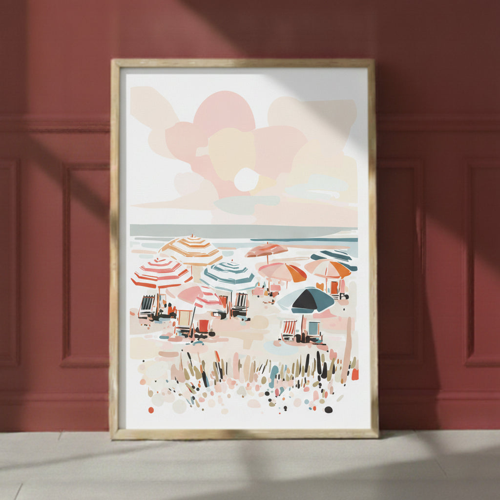 Colorful Beach Umbrella Scene Art art print shown in a red setting