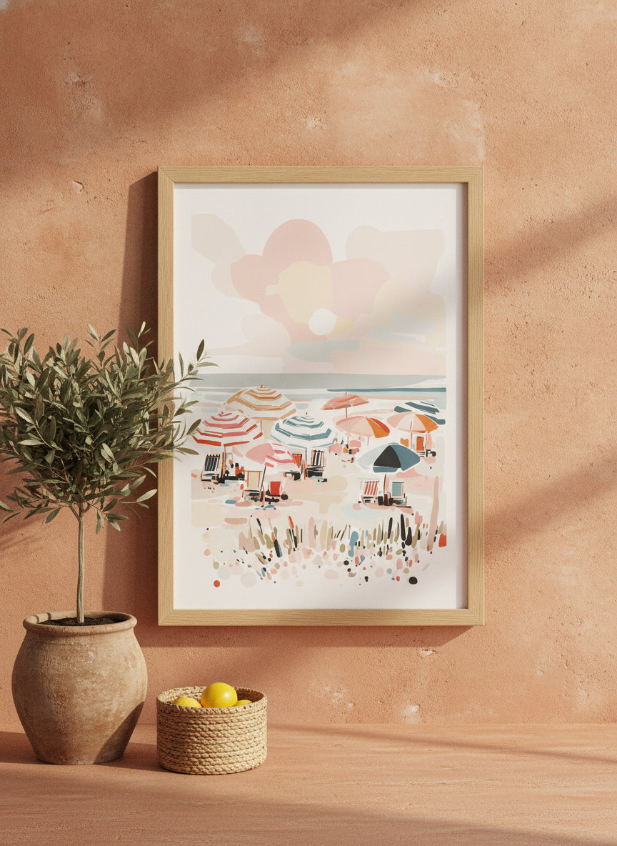 Colorful Beach Umbrella Scene Art art print shown in a terracotta rustic setting
